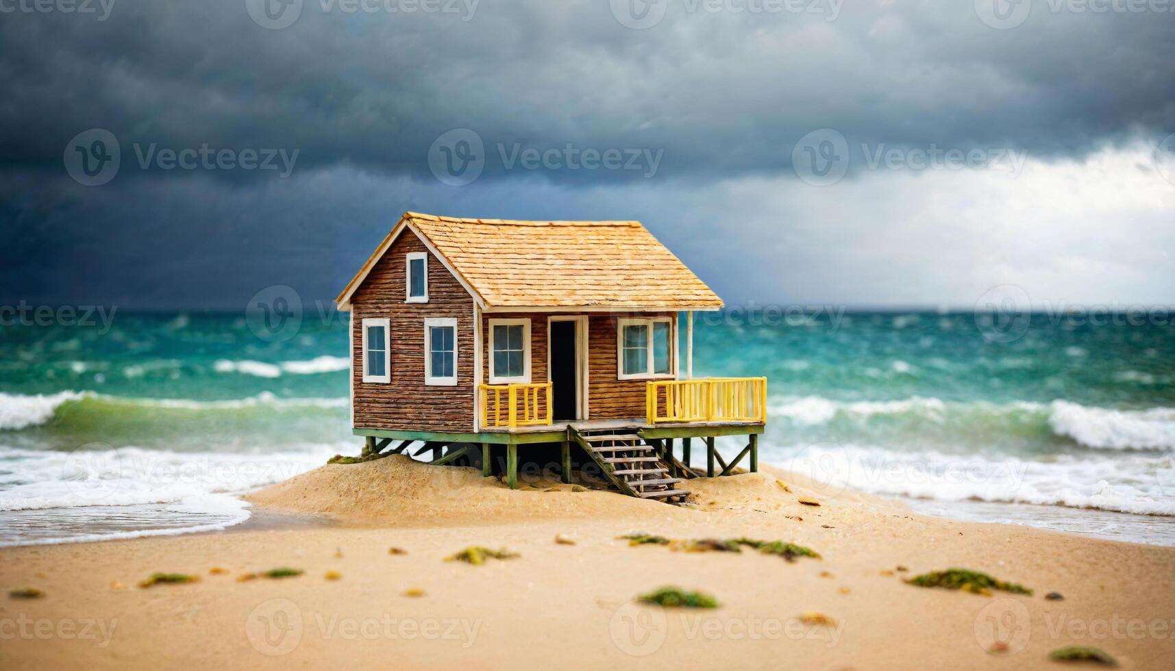 Miniatur Szene von winzig Haus von Sand Strand Insel, foto