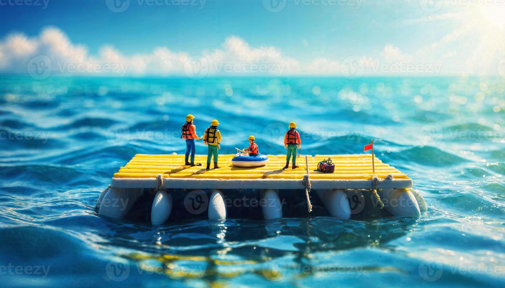 Miniatur Szene von Floß Rettung schweben Boot und Sand Strand Insel, foto