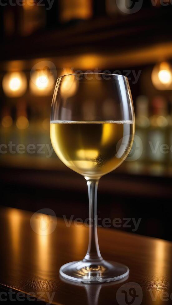 ai generiert Glas von Weiß Wein auf Tabelle im Bar, verschwommen launisch dunkel Hintergrund, selektiv Fokus foto