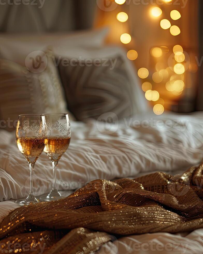 romantisch Bett mit Kissen und Champagner Brille foto