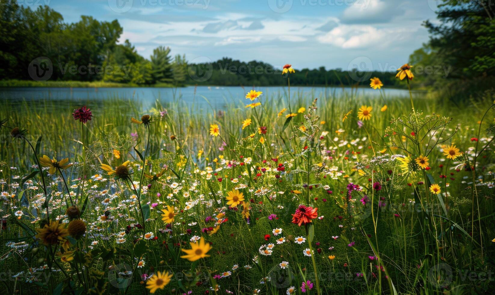 Frühling beim das See mit Blühen Wildblumen und beschwingt Grün foto