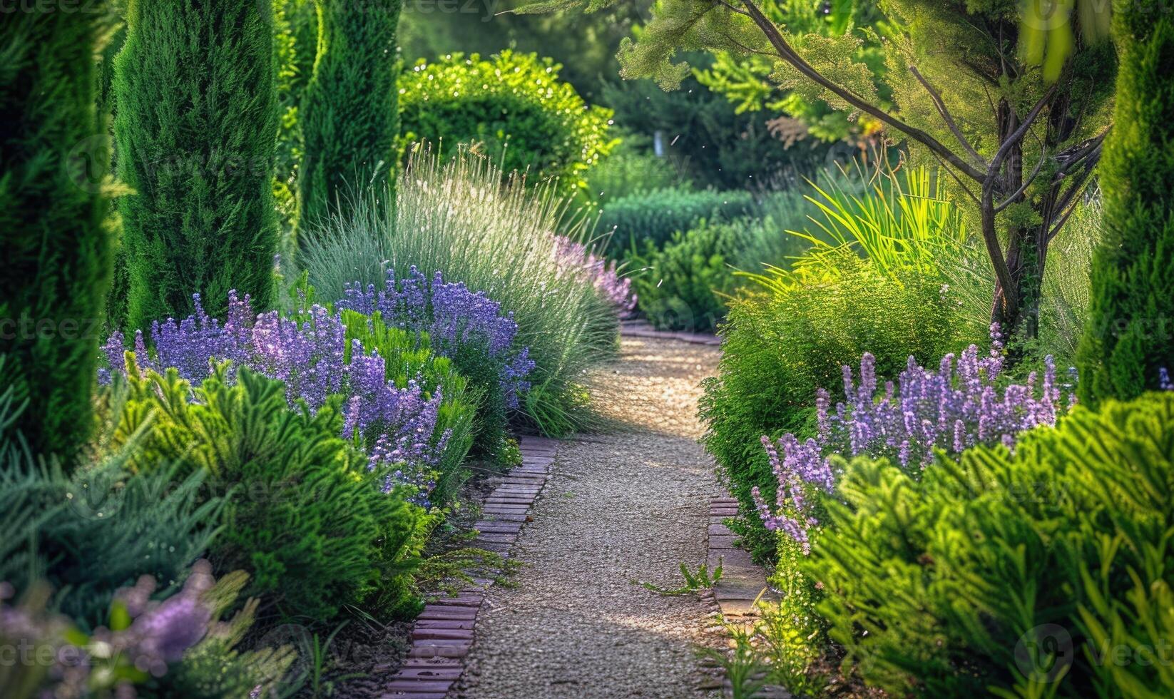 ein heiter Garten Pfad gefüttert mit Lavendel Blumen foto