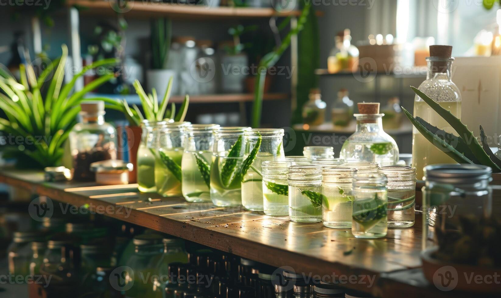 ein Apotheker Werkstatt gefüllt mit Gläser von Natur kosmetisch mit Aloe foto