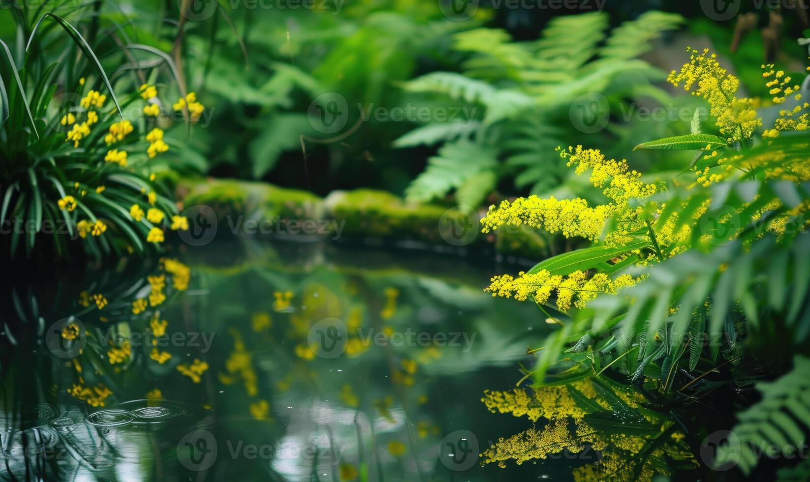 ein still Teich umgeben durch üppig Grün foto