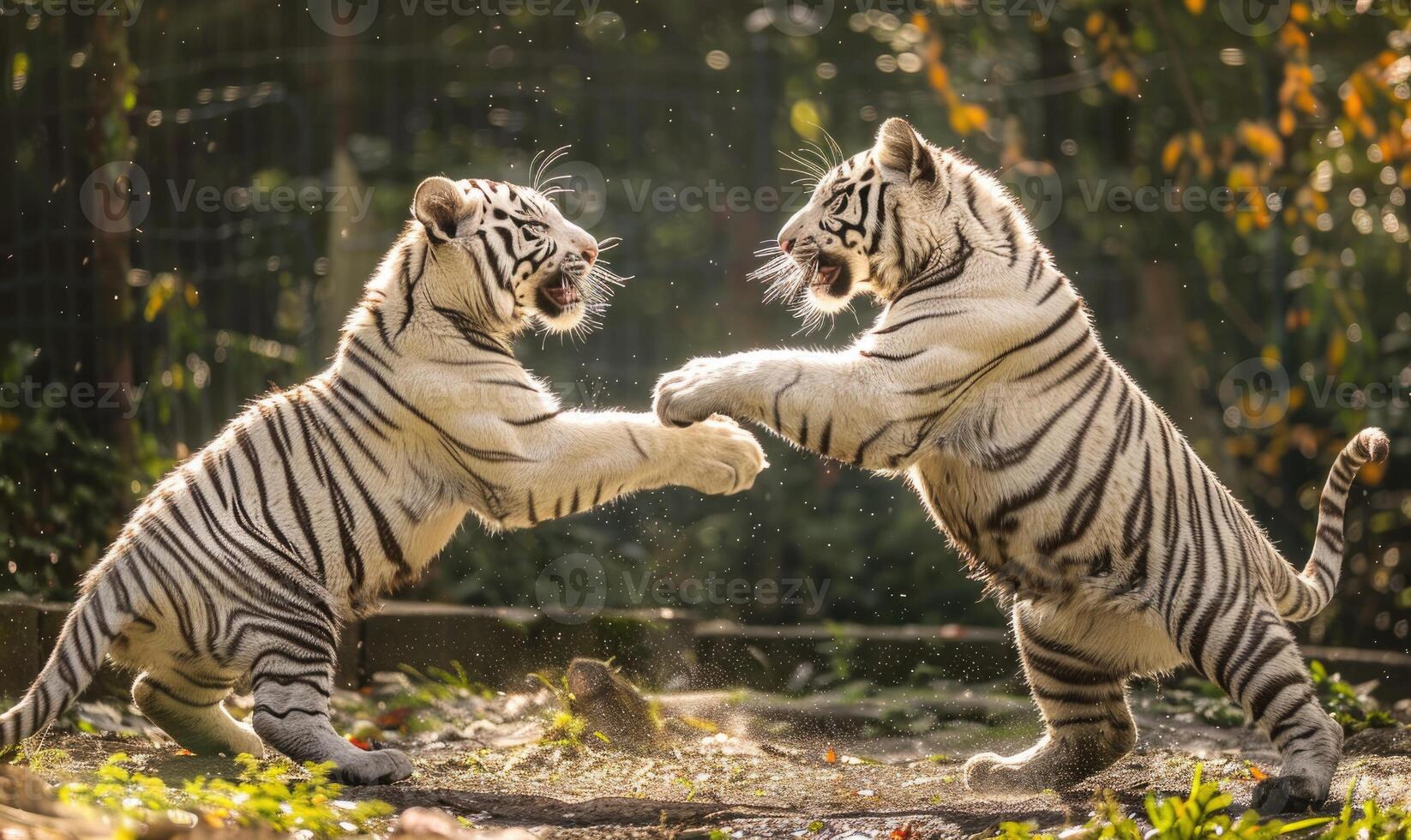 ein Paar von Weiß Tiger spielerisch herumtollen im ein sonnendurchflutet Clearing foto