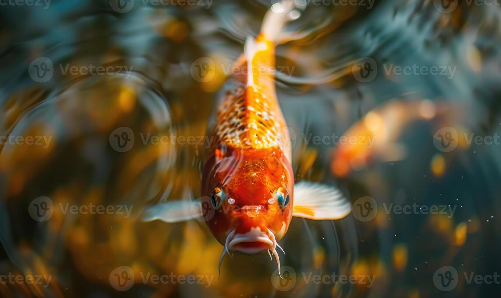 Nahansicht von ein Koi Fisch gleiten durch das klar Wasser von ein Teich foto