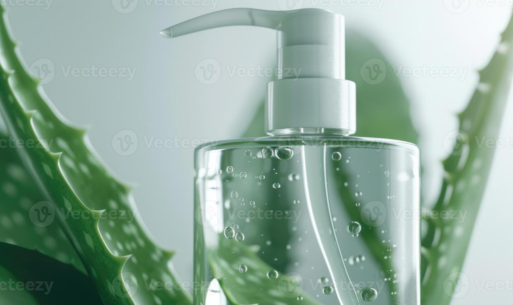 Nahansicht von ein leer Pumpe Flasche Attrappe, Lehrmodell, Simulation gefüllt mit Aloe vera Serum, Schönheit im Natur, Haut Pflege und Schönheit foto