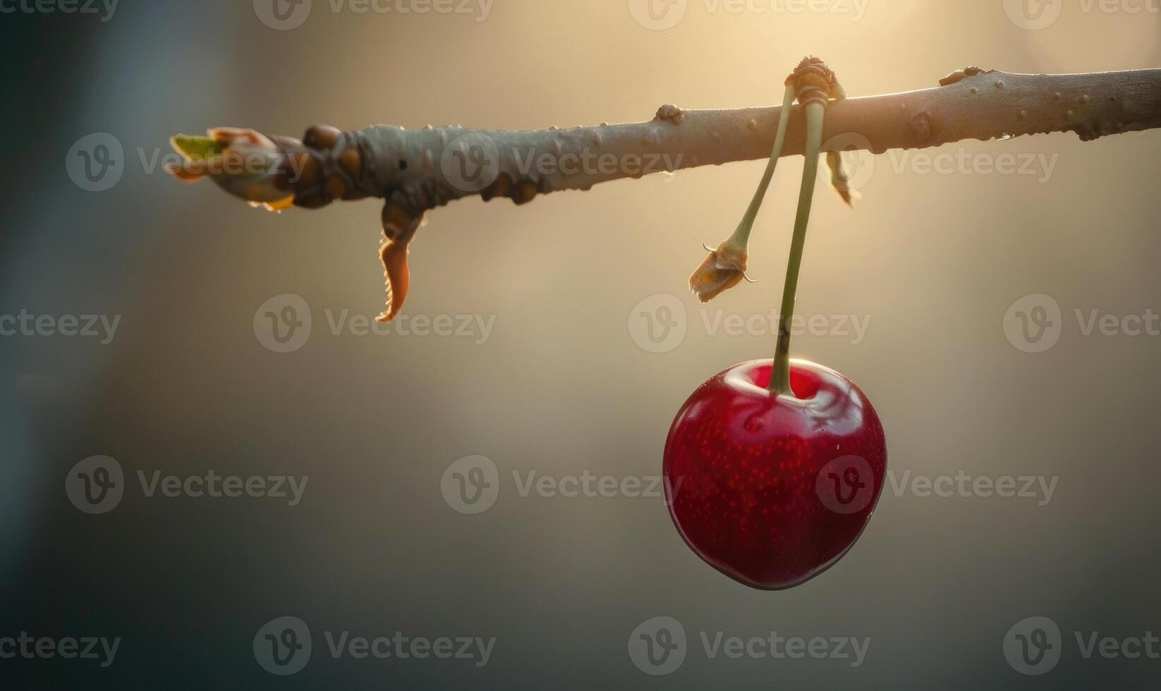 Nahansicht von ein Single reif Kirsche hängend von ein Baum Ast foto
