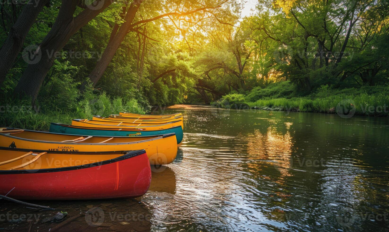 ein Reihe von bunt Kanus geparkt neben ein funkelnd Frühling Fluss foto