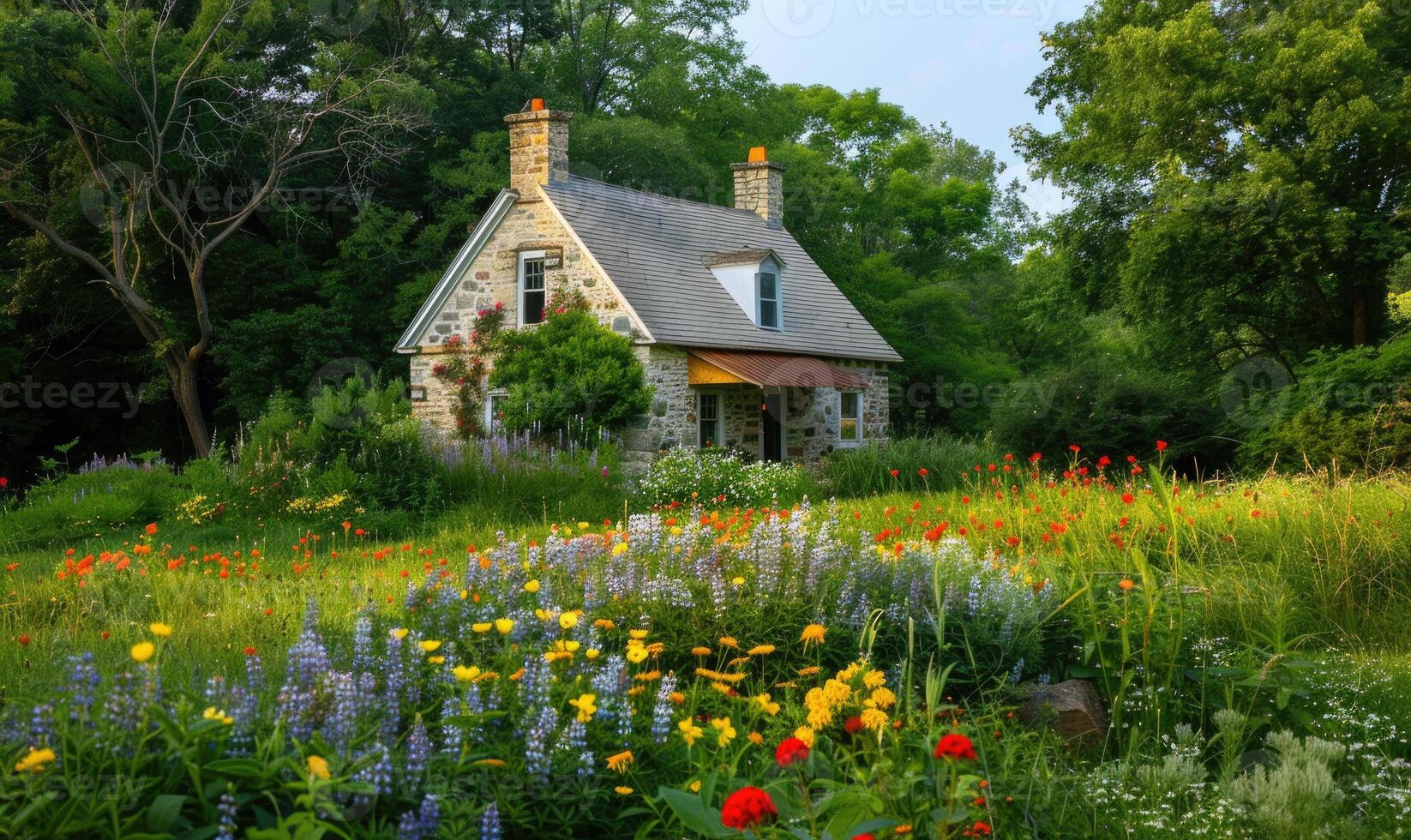 ein charmant Hütte eingebettet inmitten ein Feld von Frühling Wildblumen foto