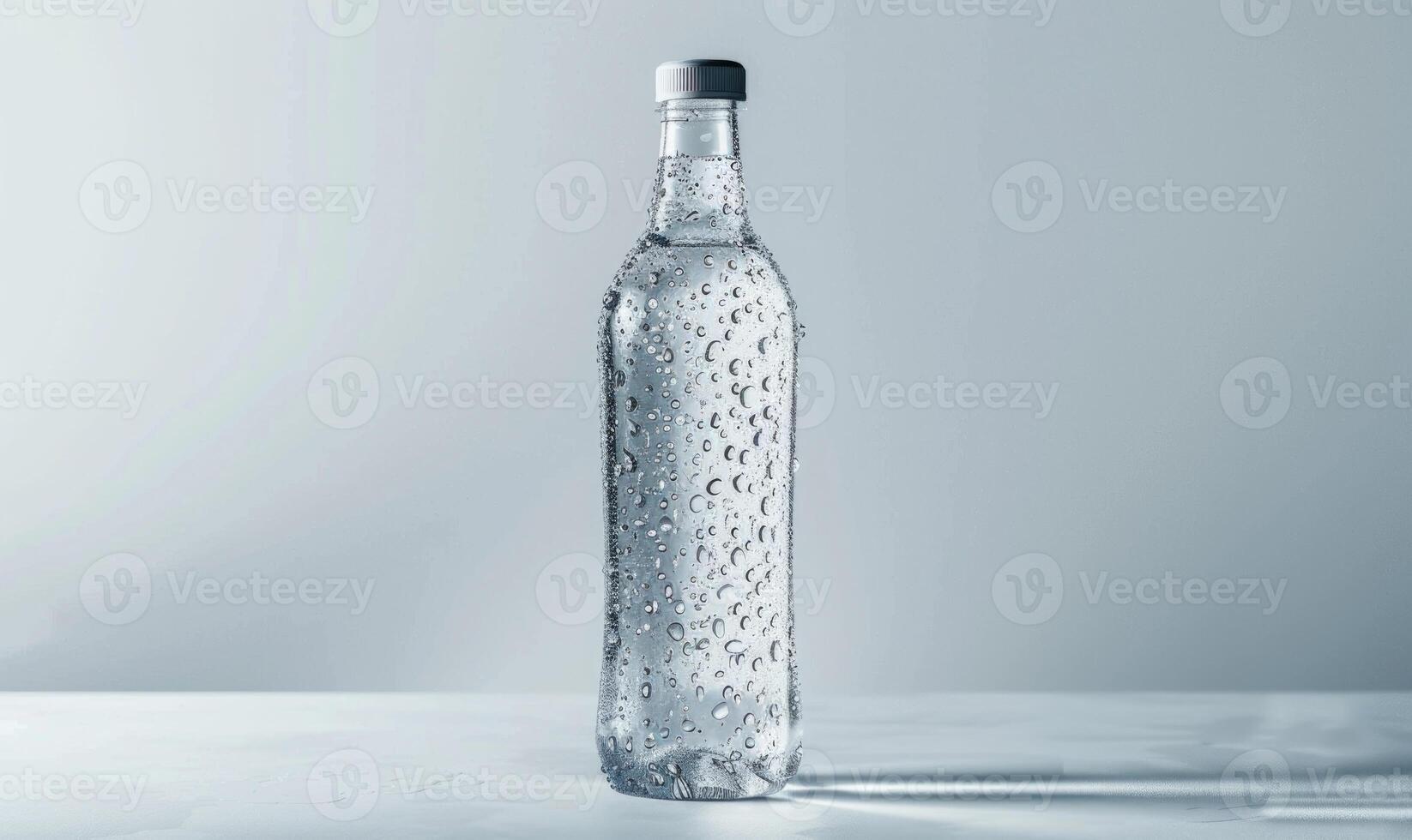 Studio Schuss von ein Kristall klar Glas Flasche Attrappe, Lehrmodell, Simulation präsentieren ein Prämie Qualität Mineral Wasser, mit Tröpfchen kondensieren auf das Oberfläche foto