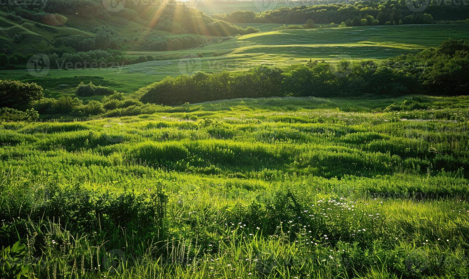 sonnendurchflutet Grün Wiese, Frühling Wiese Hintergrund foto