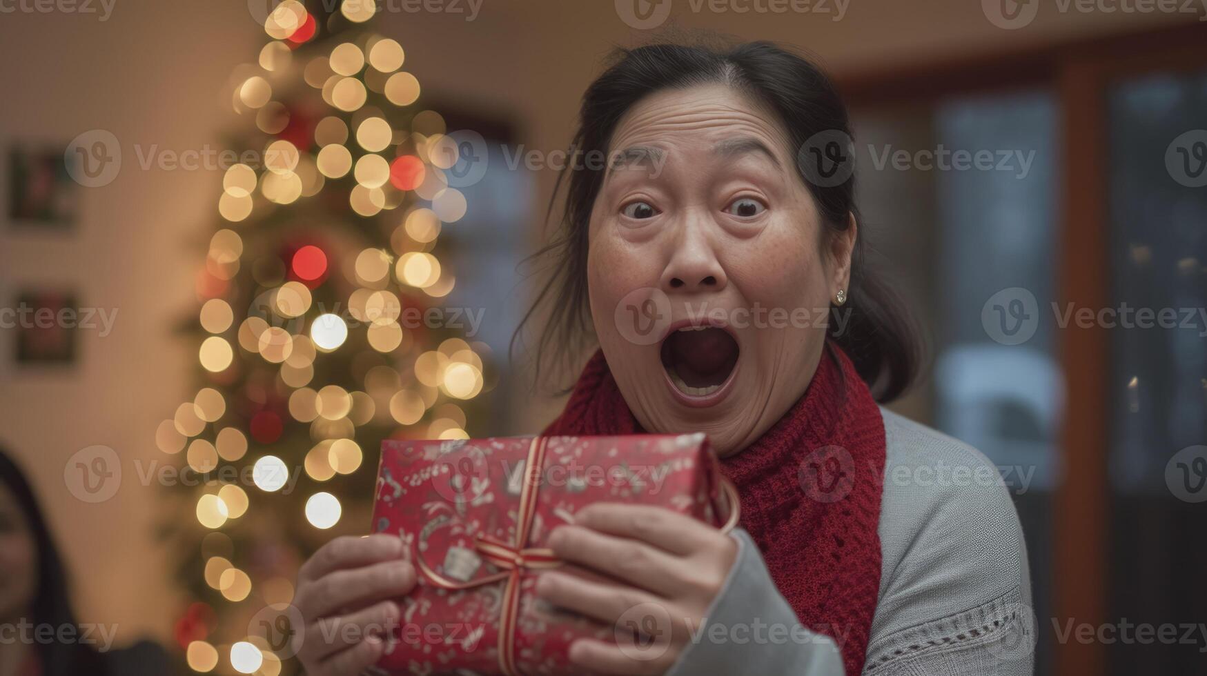ai generiert ein mittleren Alters Frau von Norden Amerika, mit ein überrascht Ausdruck und ein Geschenk im ihr Hand, ist Öffnung ein Geschenk beim ein Party im Toronto, Kanada foto