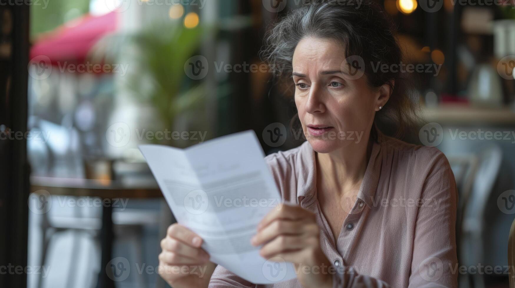ai generiert ein mittleren Alters Frau von Western Europa, mit ein überrascht Ausdruck und ein Brief im ihr Hand, ist lesen gut Nachrichten im ein Cafe im Paris, Frankreich foto