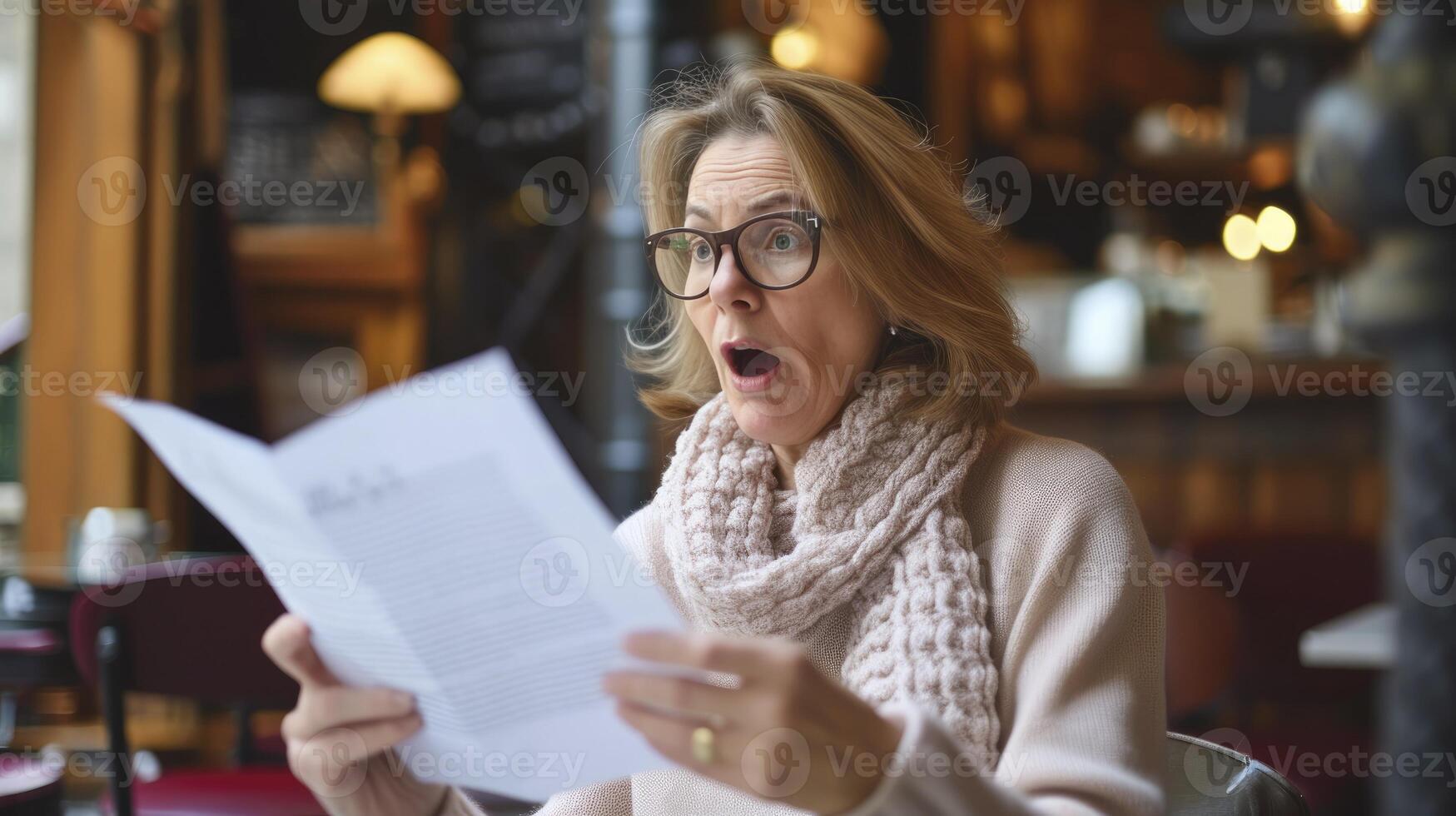 ai generiert ein Mitte alt Frau von Western Europa, mit ein überrascht Ausdruck und ein Brief im ihr Hand, ist lesen gut Nachrichten im ein Cafe im Paris foto