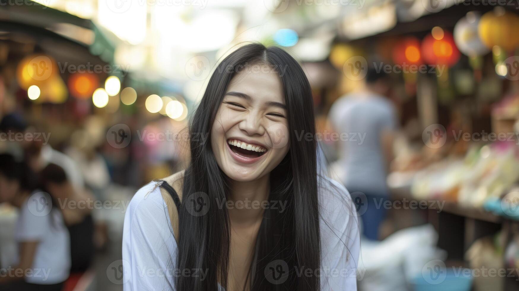 ai generiert ein jung asiatisch Frau im ihr früh 20er Jahre, mit lange schwarz Haar und mandelförmig Augen, ist Lachen herzlich während Sitzung im ein geschäftig Straße Markt im Bangkok foto