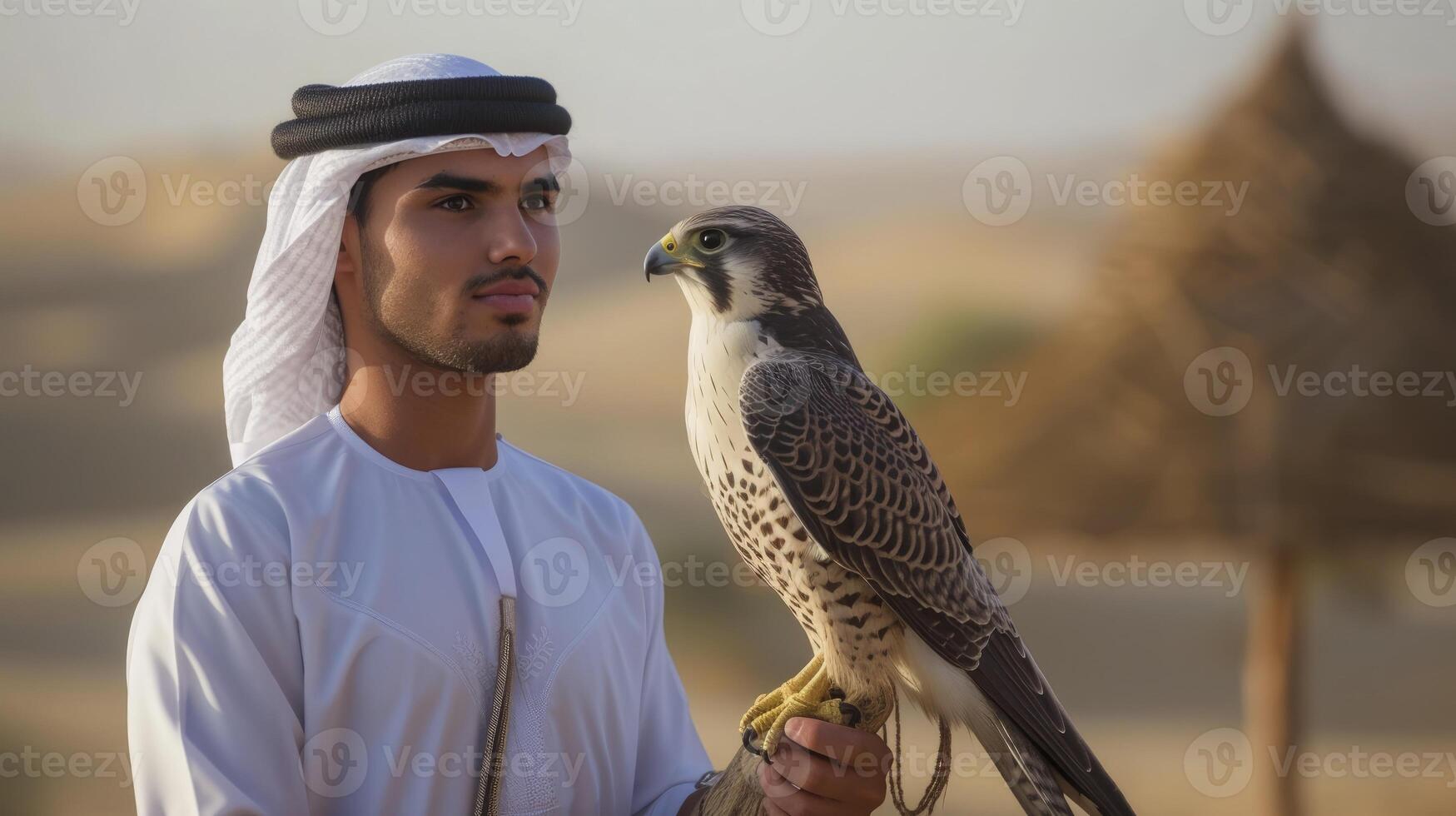 ai generiert ein jung Mann von das Mitte Ost, mit ein stolz Ausdruck und ein Falke auf seine Arm, ist teilnehmen im ein Falknerei Wettbewerb im das Wüste im das vereinigt arabisch Emirate foto