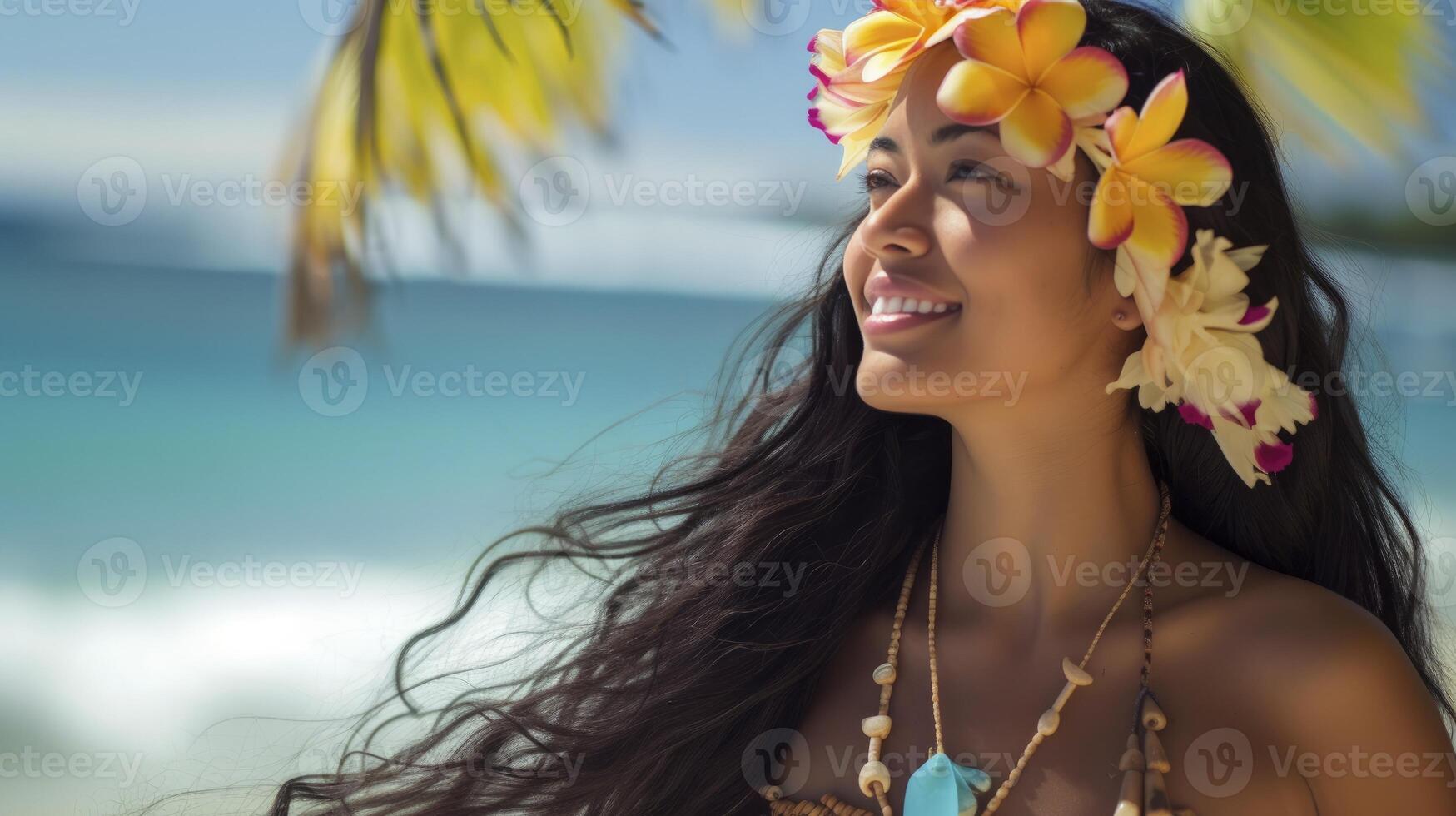 ai generiert ein jung polynesisch Frau, mit lange schwarz Haar und ein Blume im ihr Haar, ist Tanzen Hula auf ein Strand im Hawaii foto