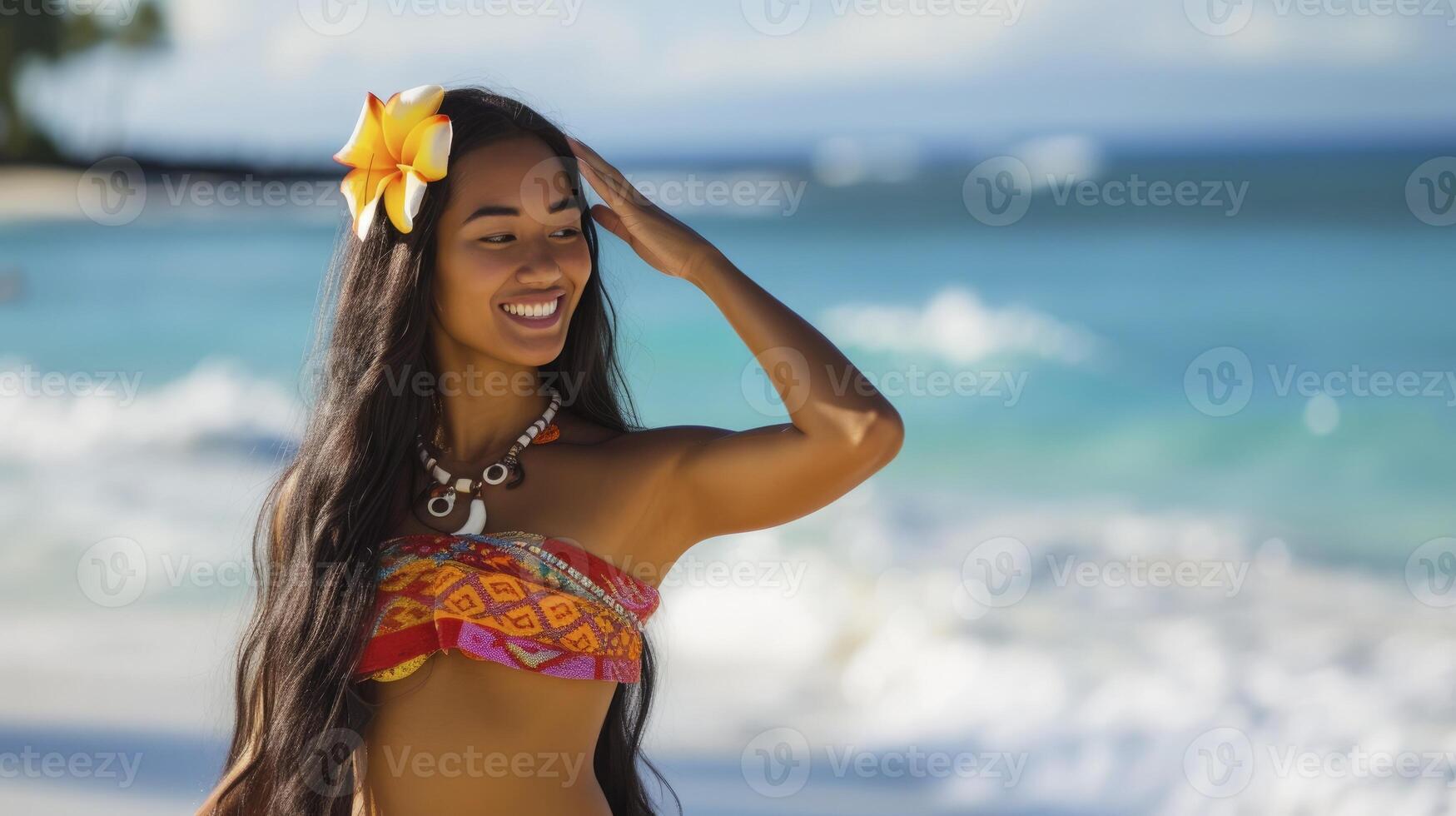 ai generiert ein jung polynesisch Frau, mit lange schwarz Haar und ein Blume im ihr Haar, ist Tanzen Hula auf ein Strand im Hawaii foto