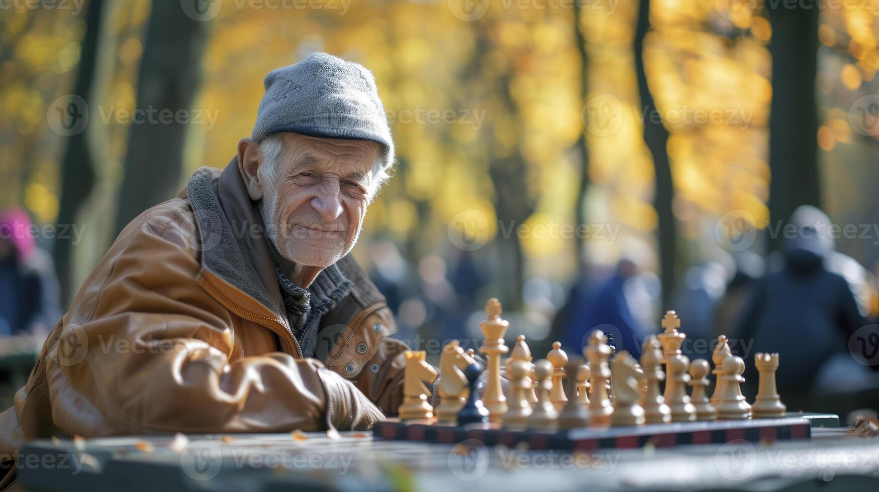 ai generiert ein Alten europäisch Mann ist spielen Schach im ein Park im Berlin foto