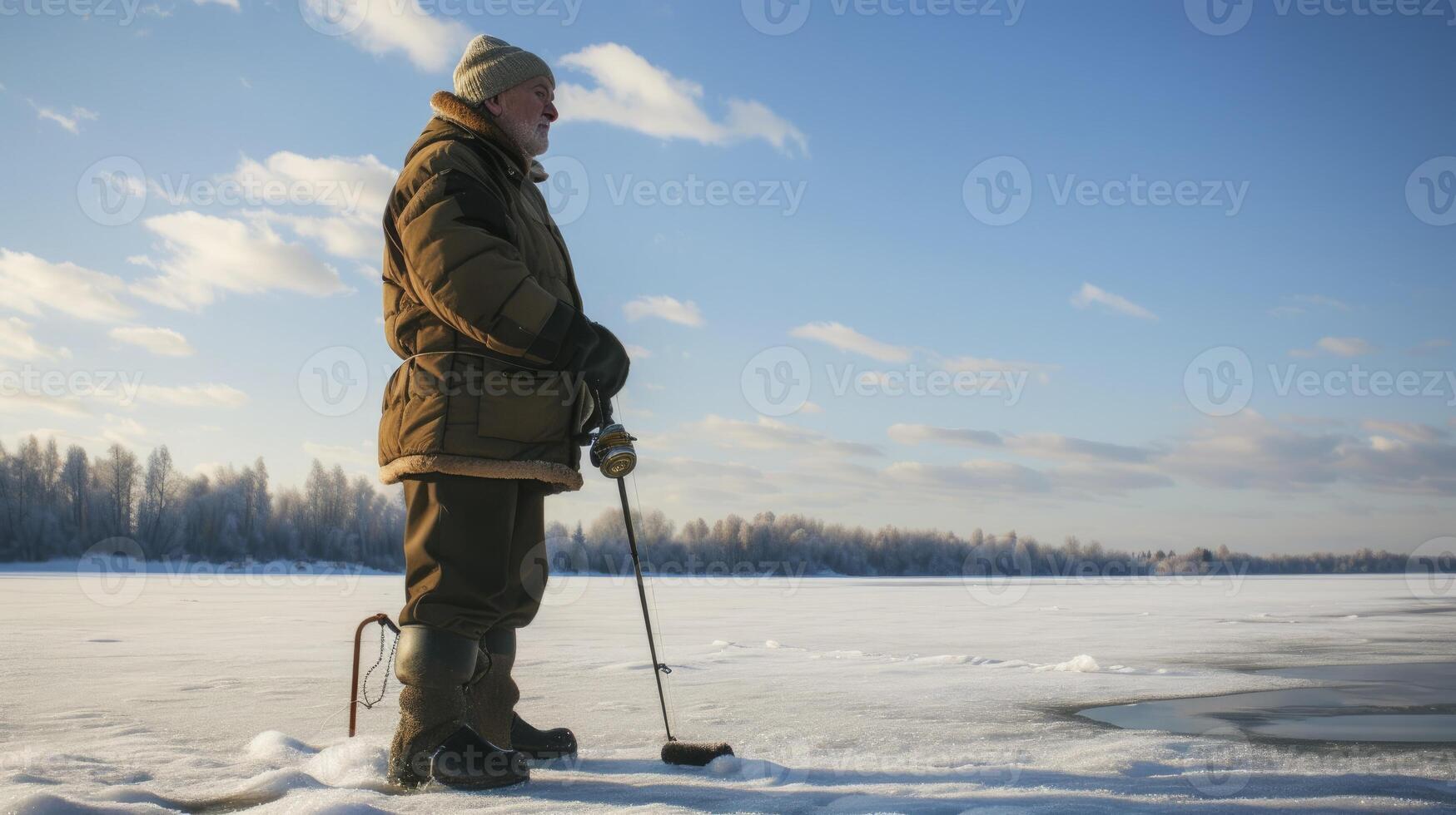 ai generiert ein Alten Mann von östlichen Europa, mit ein ushanka und ein Angeln Stange, ist Eis Angeln auf ein gefroren See im Sibirien, Russland foto