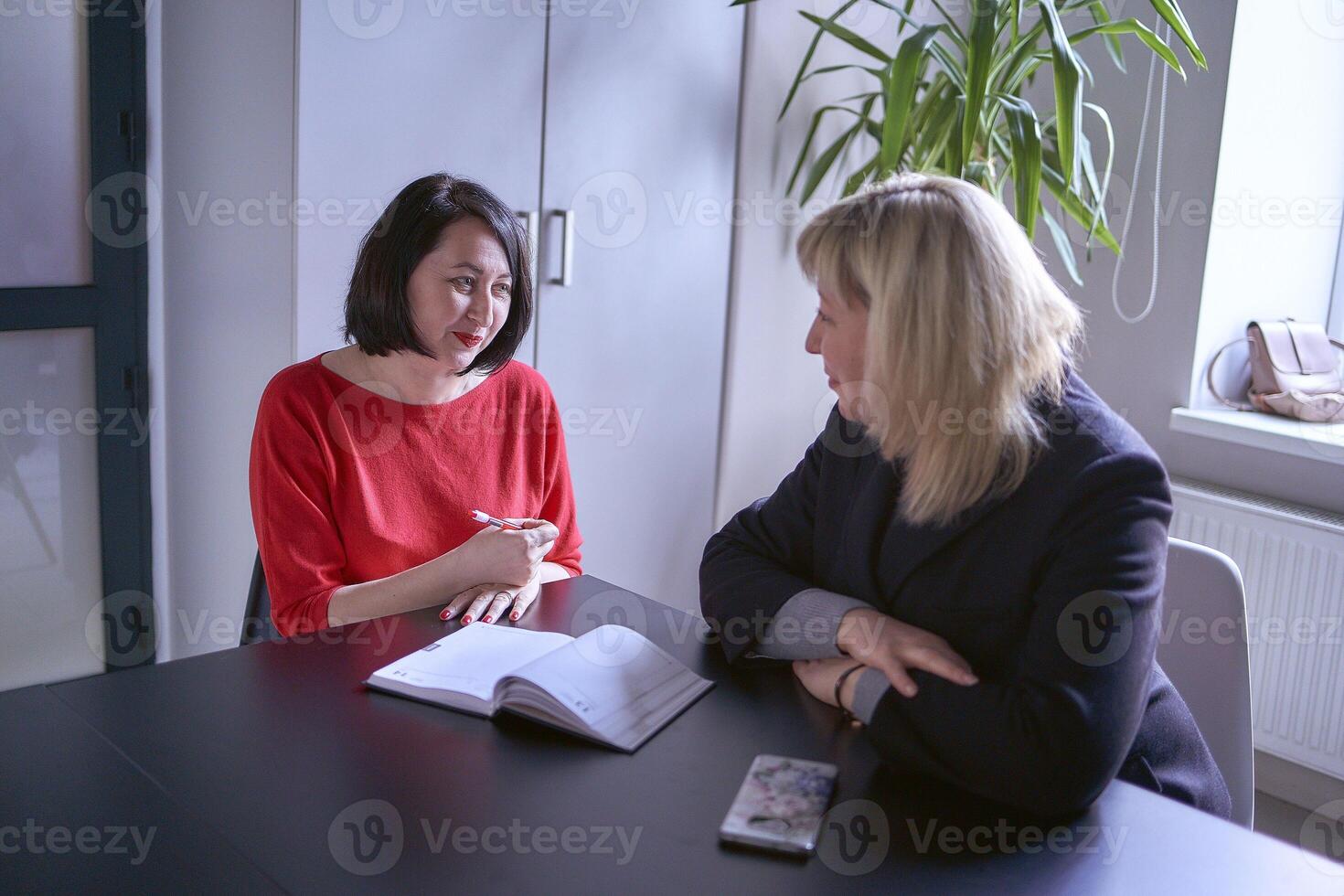 zwei Frauen diskutieren Strategie im das Büro foto