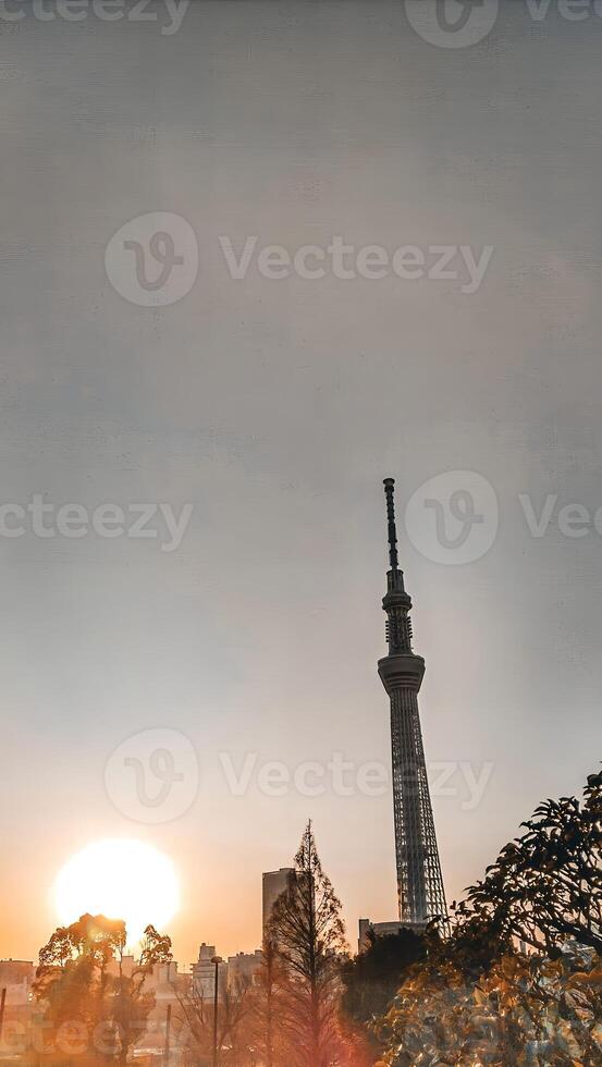 Sonnenaufgang und Tokyo Himmelsbaum Turm.a Radio Turm im Shisho, Sumida Station, Tokio, Japan. Höhe 634 m. kommerziell Anlagen und Büro Gebäude sind beigefügt, Herstellung oben Tokyo Himmelsbaum Stadt. foto