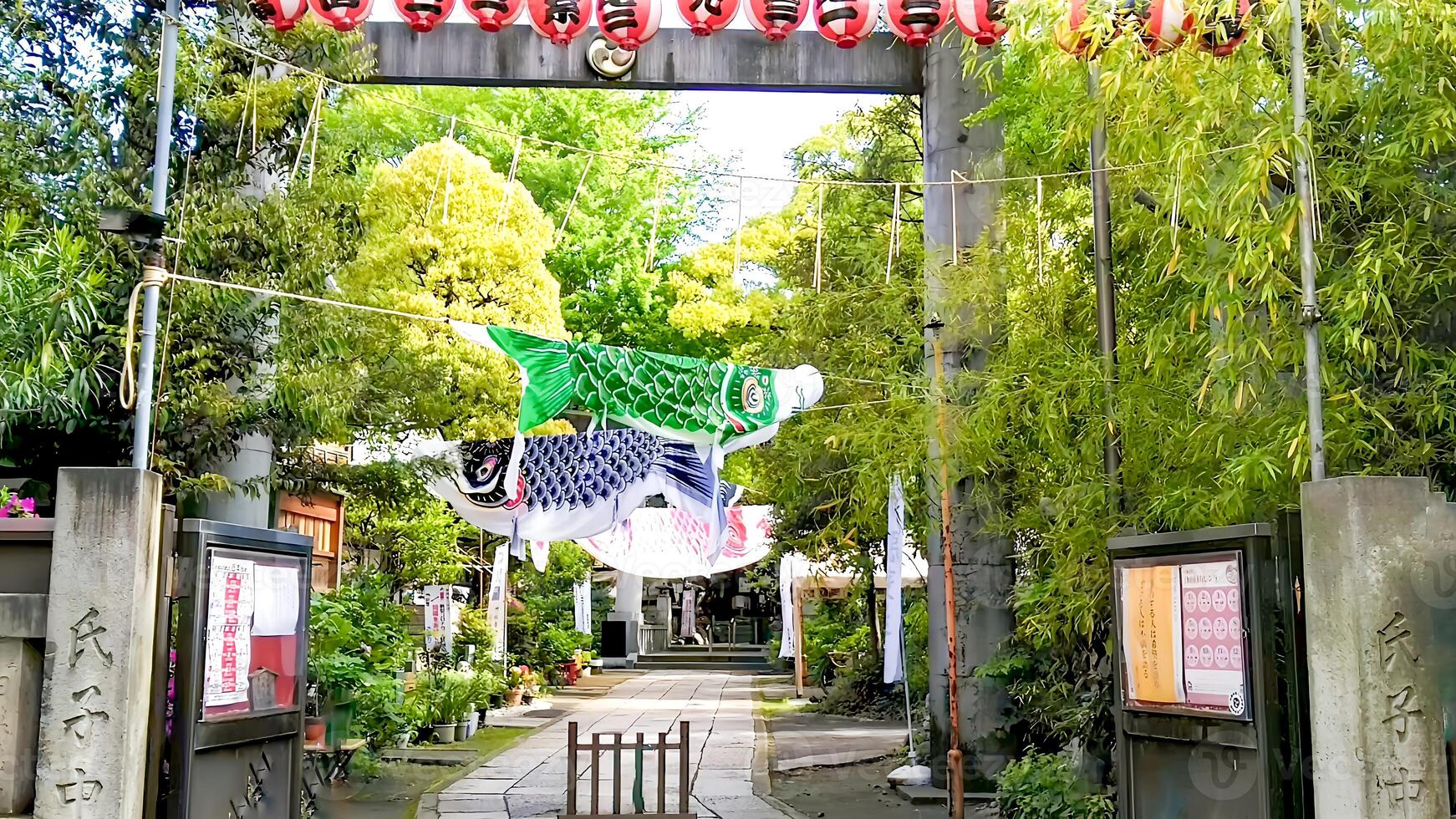 Koi Noboris, Karpfen Luftschlangen angezeigt beim ein Schrein im das frisch grün. ist ein japanisch Brauch, zu Anzeige karpfenförmig Banner im das Garten zu Wunsch zum das gesund Wachstum von Jungs auf Drachen Boot Festival. foto