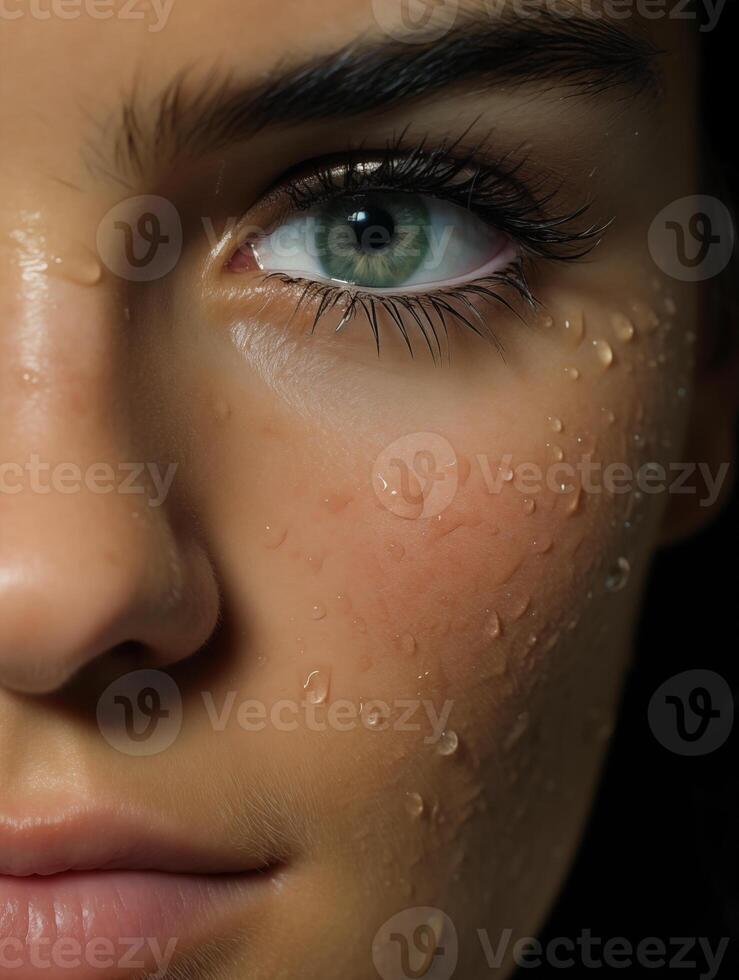 Nahansicht von ein schön weiblich Gesicht mit Grün Augen, Haut Einzelheiten, Wasser Tropfen. Werbung von Kosmetika, Parfums foto