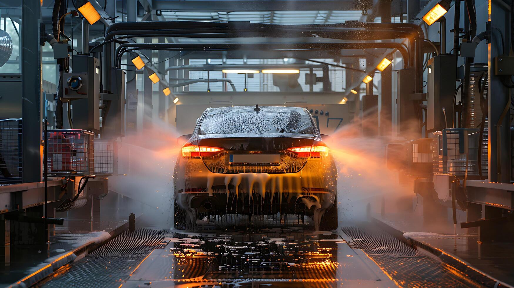 Auto waschen im ein modern Auto Bedienung Bahnhof. Auto waschen mit hoch Druck Wasser. foto