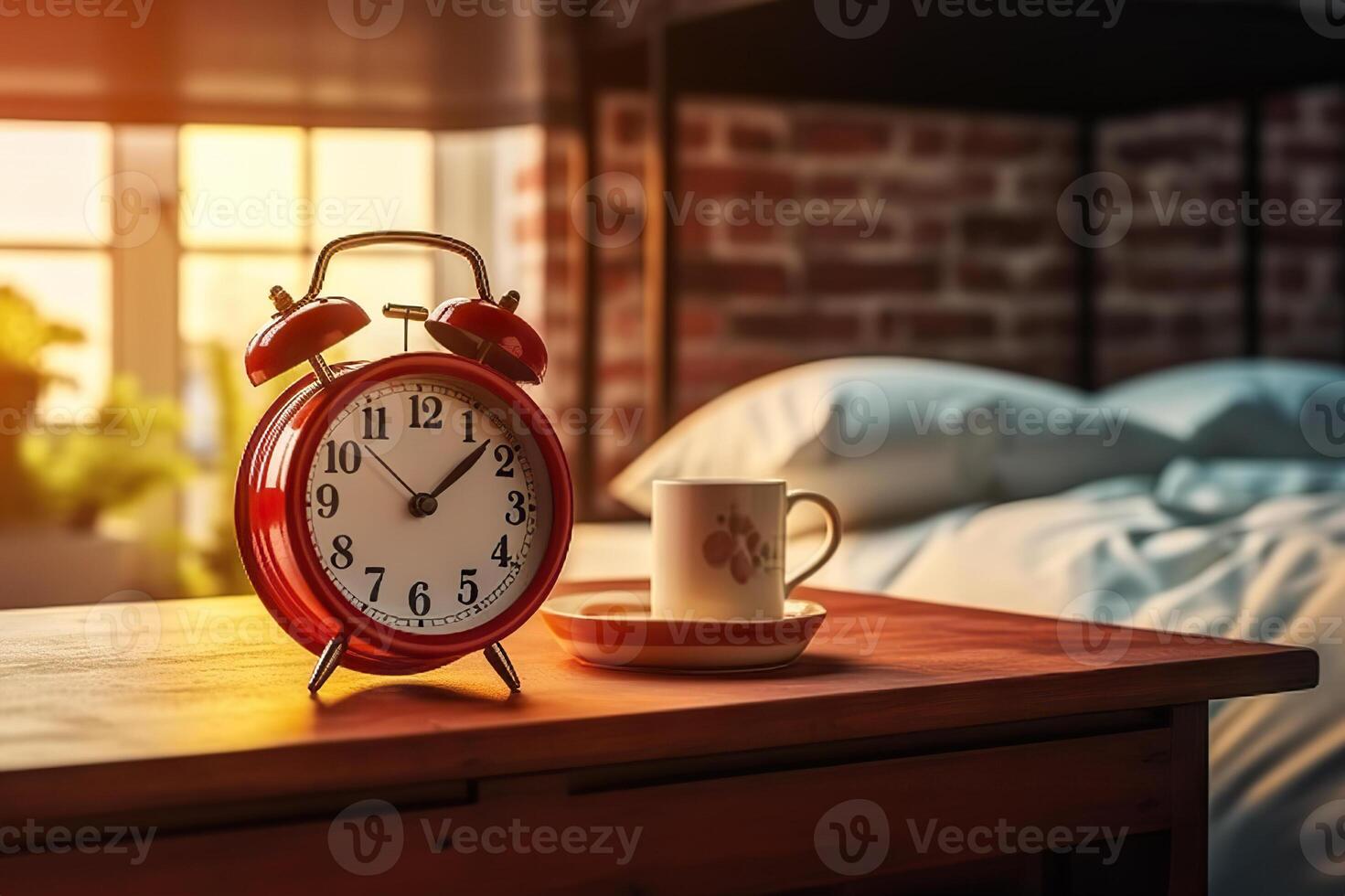 ai generiert heiter Schlafzimmer Rahmen mit Alarm Uhr erinnern von das Start von ein Neu Tag. erstellt mit generativ ai foto