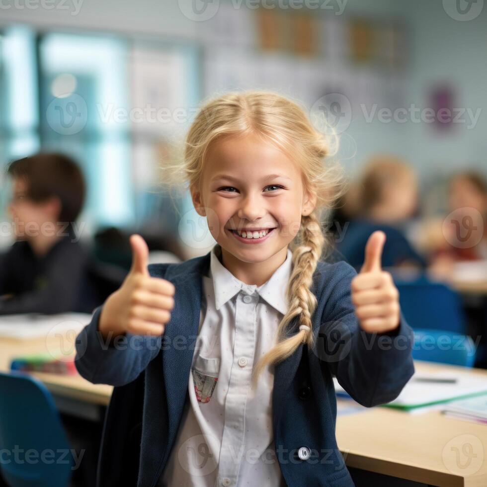 ai generiert ein blond Schule Mädchen geben das Daumen oben im ein Klassenzimmer foto