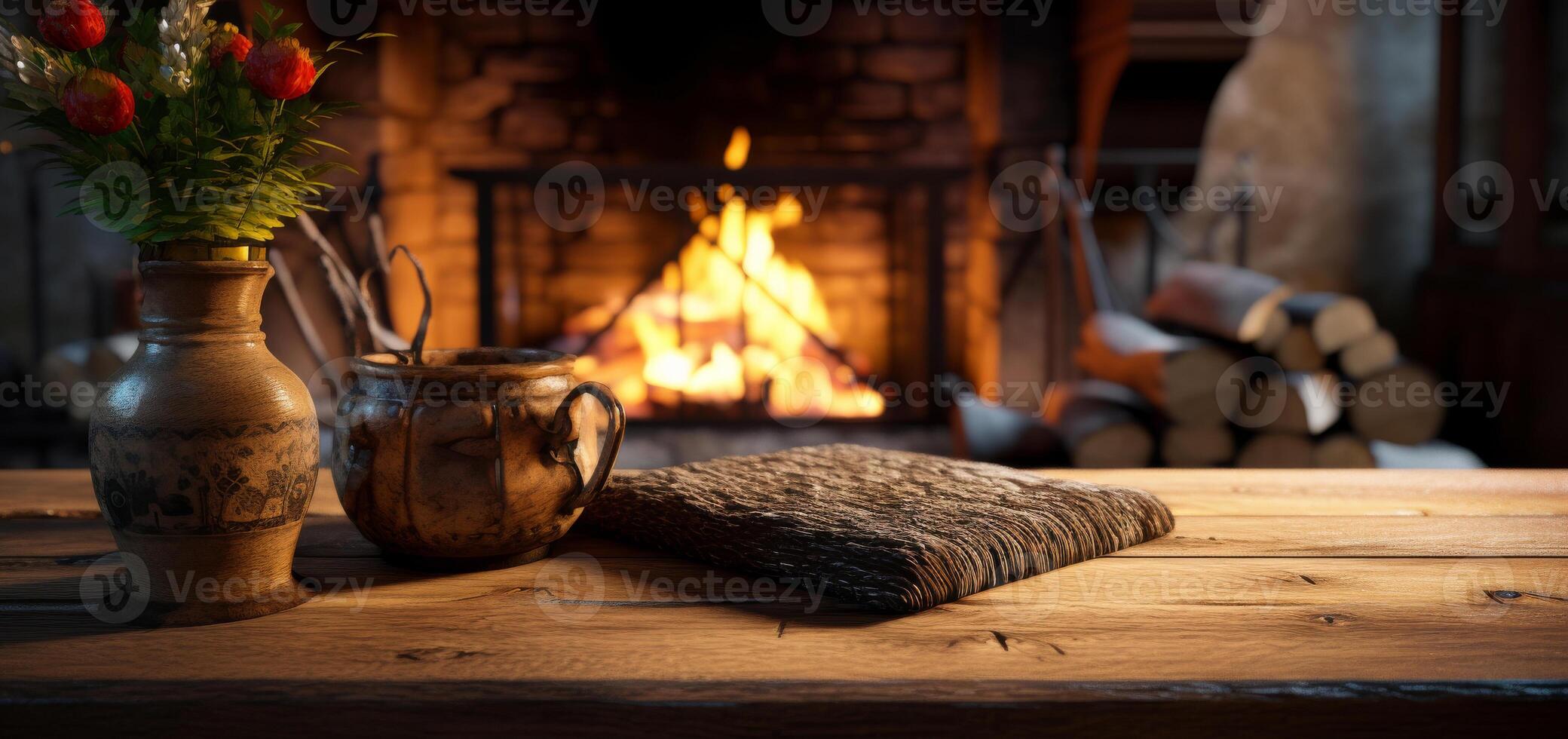 ai generiert gemütlich Kamin mit rustikal Keramik und hölzern Textur. feuerlicht mit Jahrgang Vase mit Blumen und handgemacht Becher. generativ ai foto