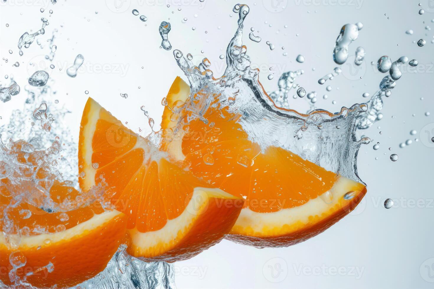 ai generiert Scheibe von Orange fallen in Wasser mit Spritzen auf Weiß Hintergrund. foto