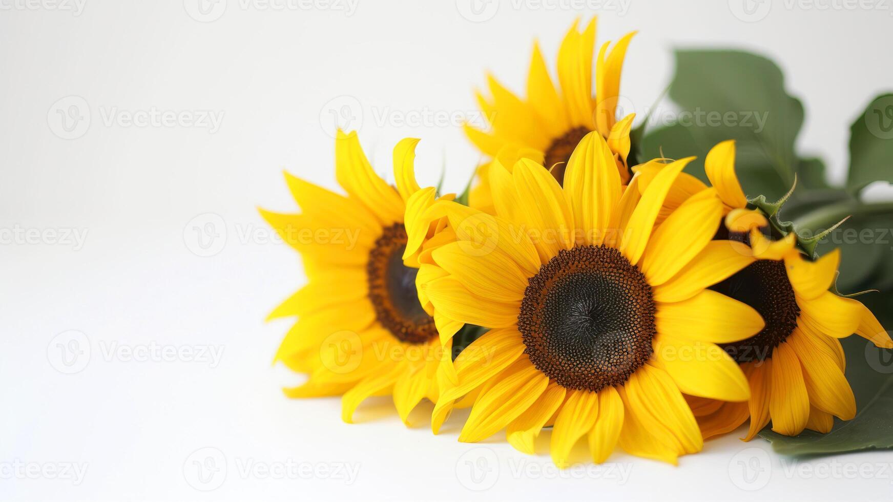 ai generiert schön Gelb Sonnenblumen auf ein Weiß Hintergrund mit Kopieren Raum foto