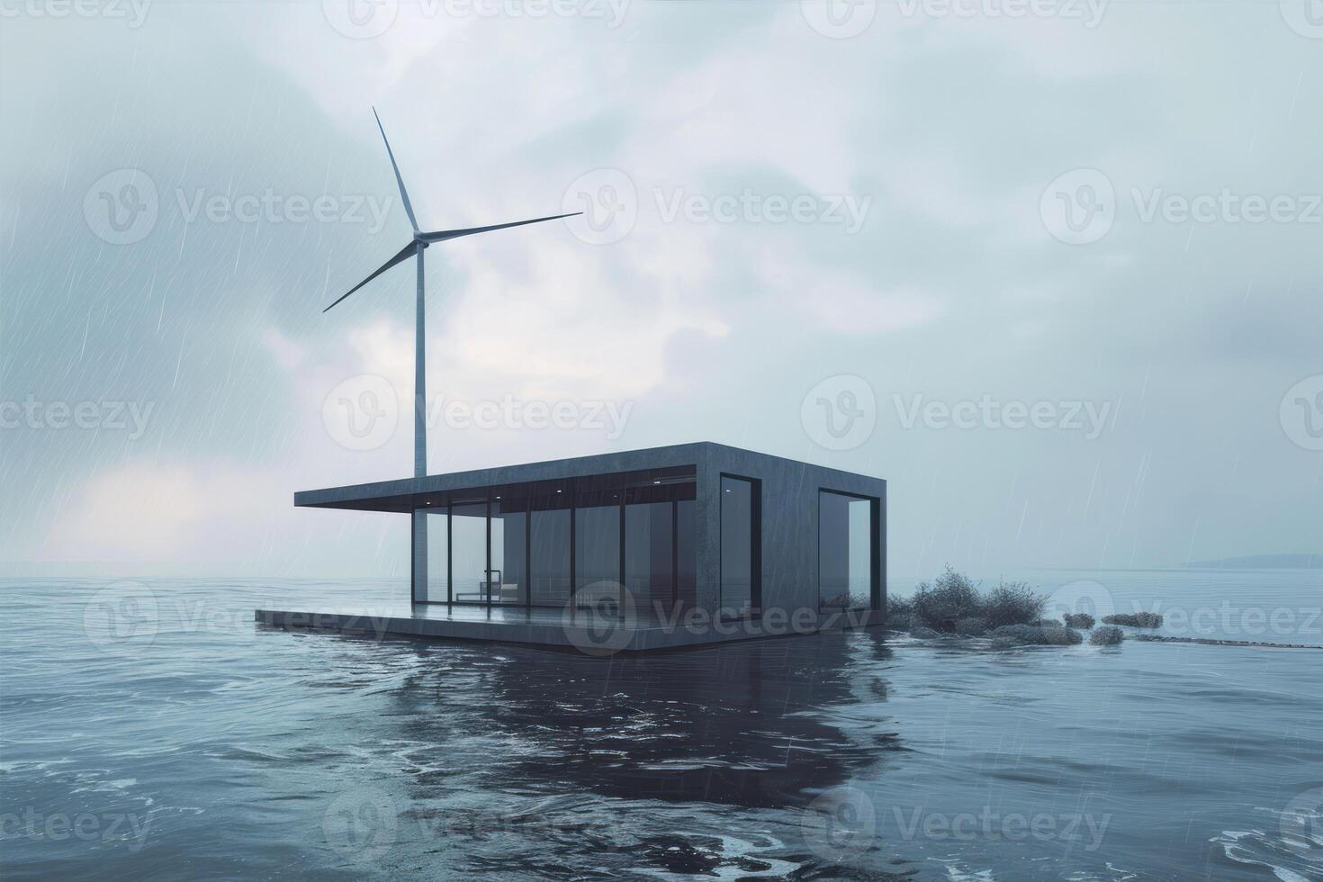 ai generiert 3d Rendern von ein Haus im das Meer mit Wind Turbinen. foto