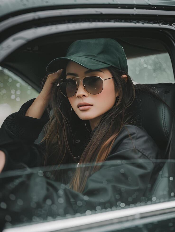 Frau Sitzung im Auto mit Hut und Sonnenbrille foto