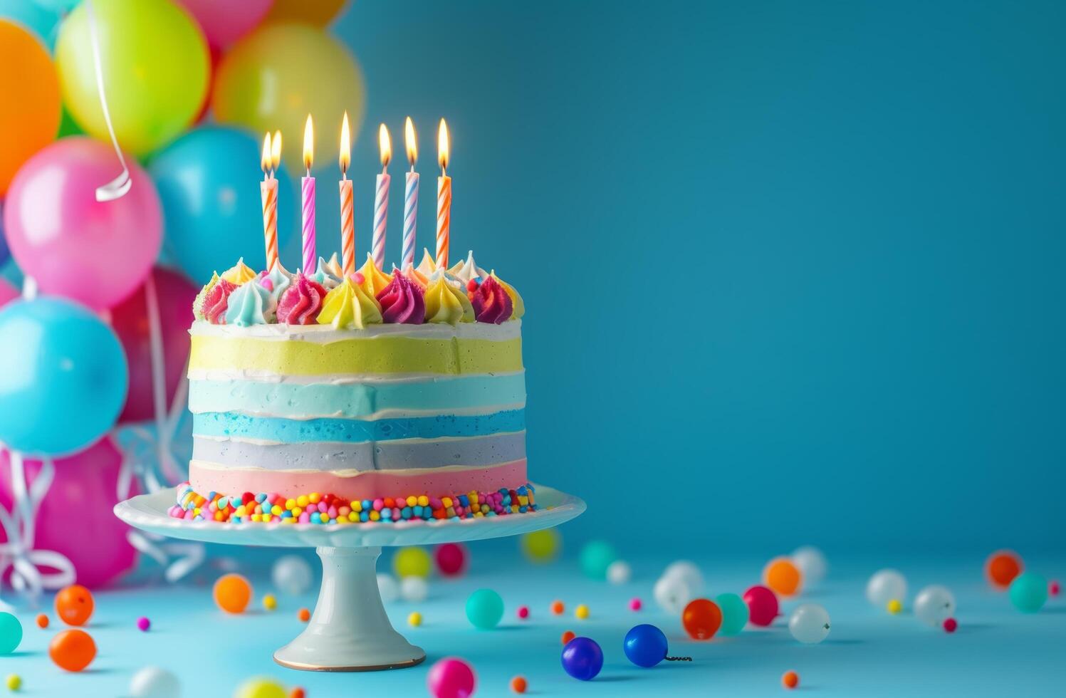 Geburtstag Kuchen mit zündete Kerzen umgeben durch Luftballons und Luftschlangen foto