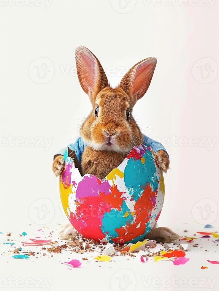ai generiert ein Hase tragen ein süß Hemd taucht auf von das groß Ei mit schön bunt Muscheln auf ein Weiß Hintergrund. foto