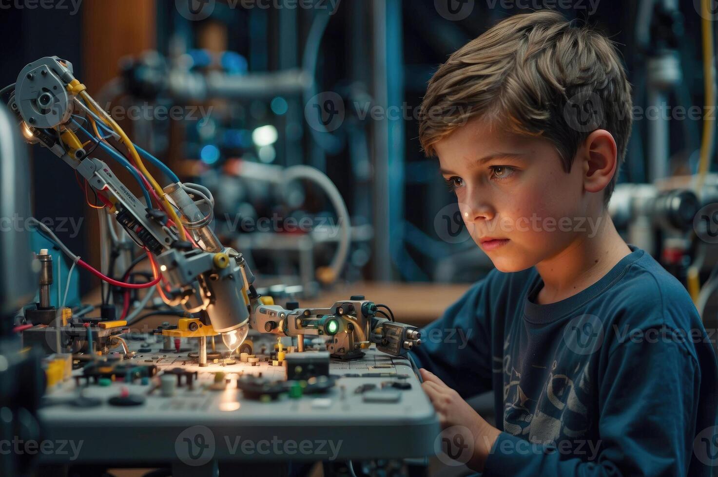 jung Junge beschäftigt, verlobt im Robotik Versammlung im ein modern Werkstatt während ein Wissenschaft Lager. foto