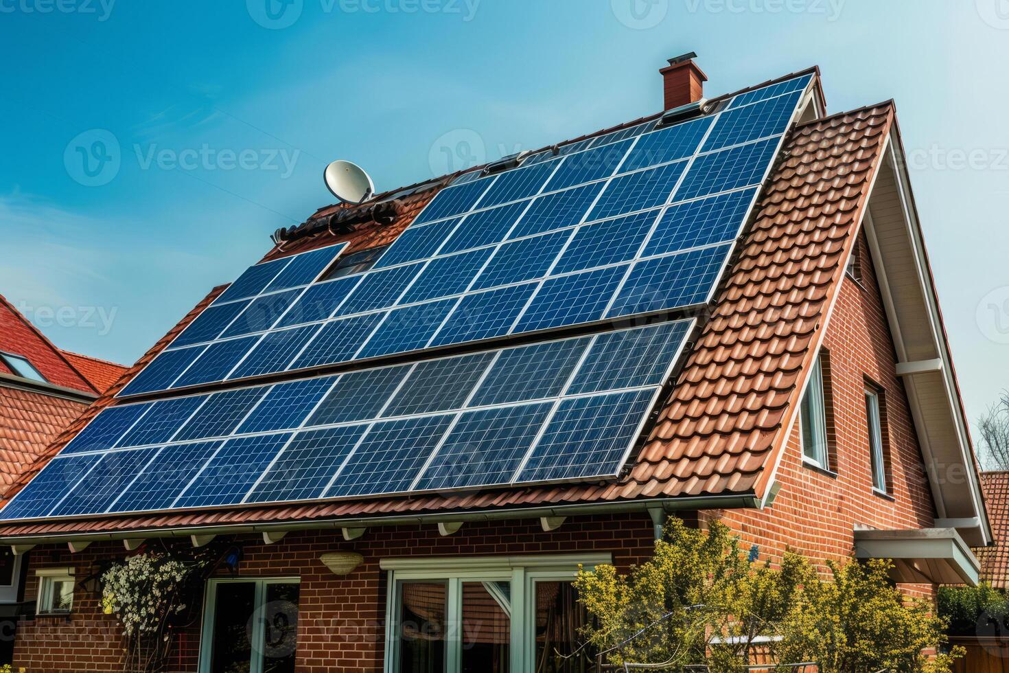 ai generiert modern nachhaltig Haus mit Solar- Paneele auf das Dach foto