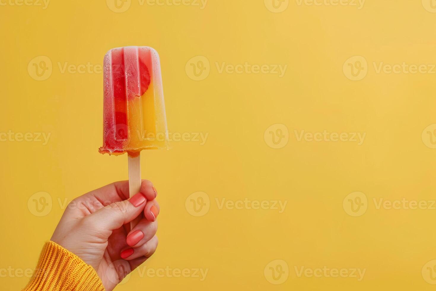 ai generiert weiblich Hand hält beschwingt Obst Eis Pop gegen Gelb Hintergrund foto