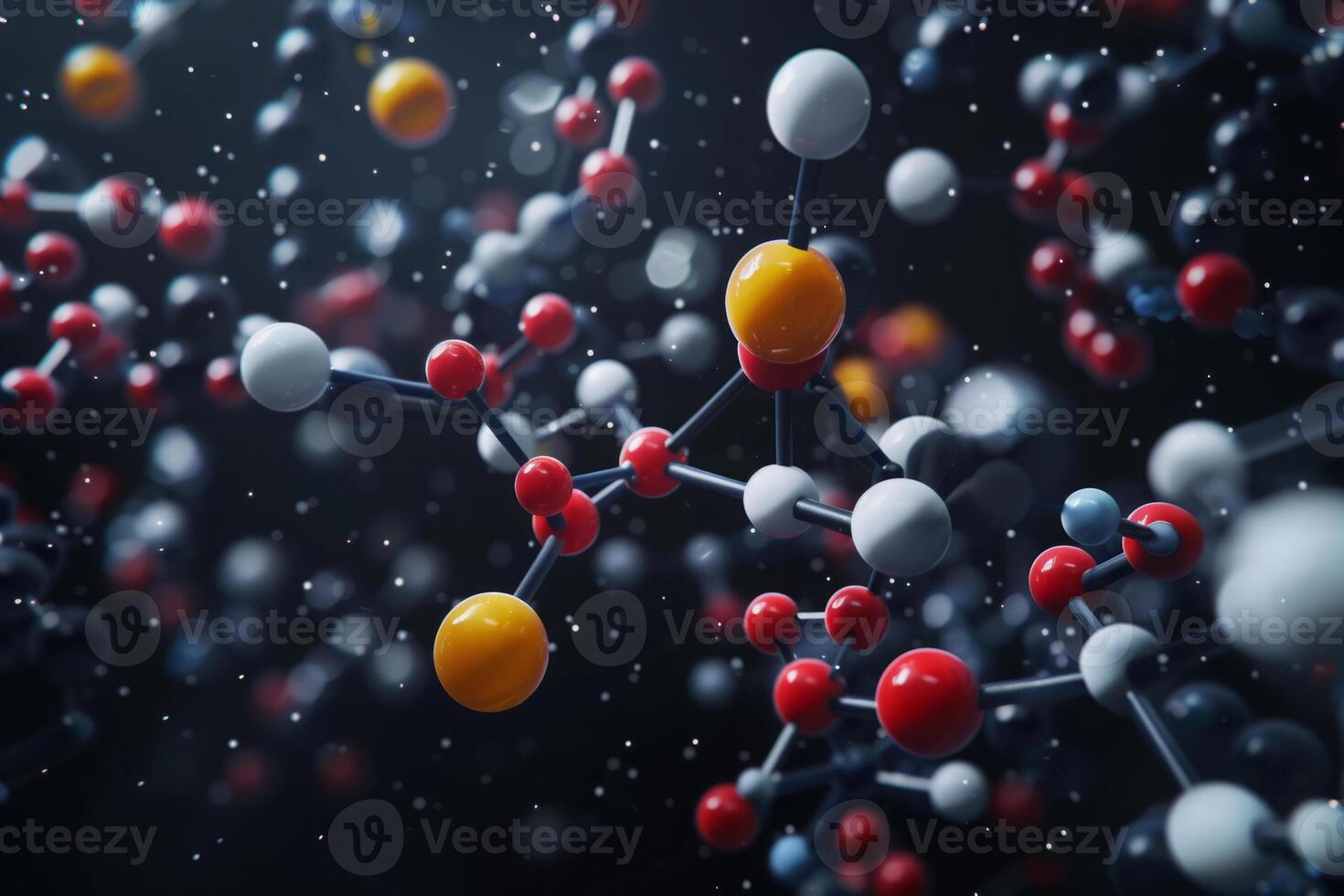 ai generiert molekular Verbindung Modell- mit chemisch Verbindungen auf dunkel Hintergrund foto