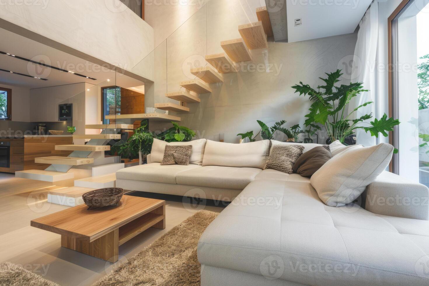 ai generiert modern Leben Zimmer mit hölzern Treppe groß Fenster während tagsüber foto