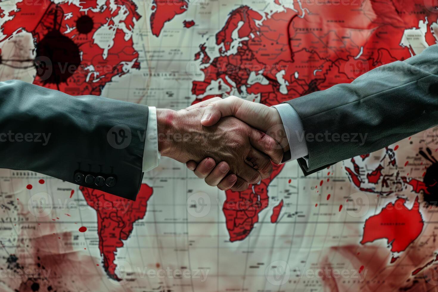 ai generiert Geschäftsleute blutig Handschlag gegen Blut bespritzt Welt Karte foto