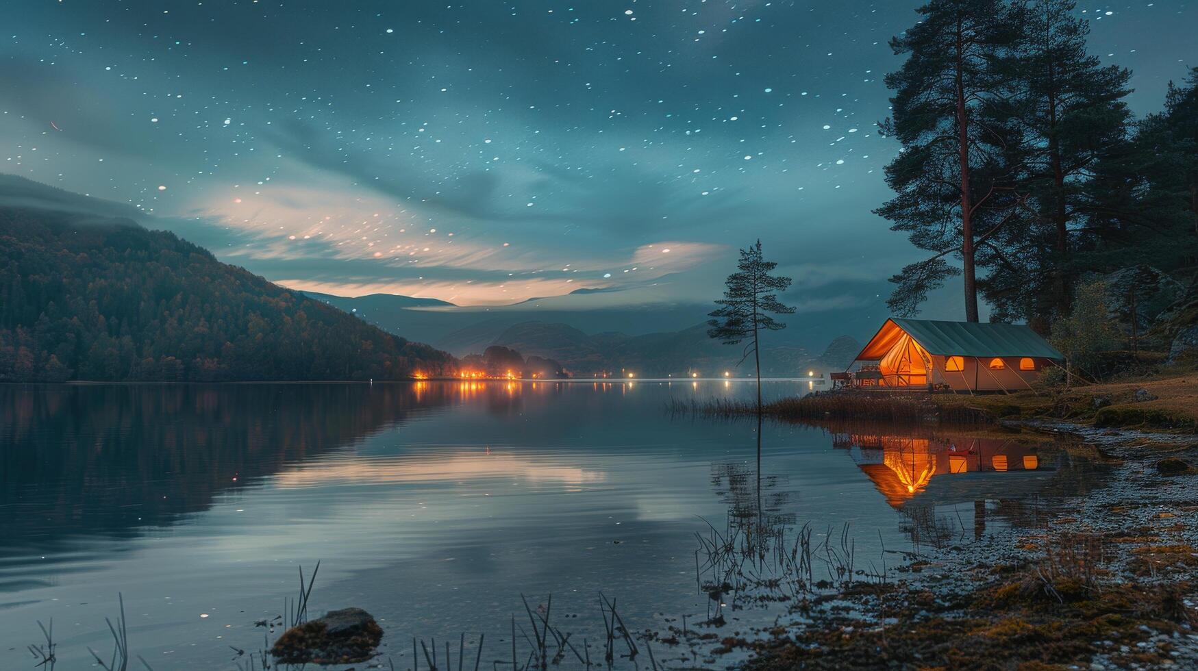 ai generiert Zelt durch See unter sternenklar Nacht Himmel foto