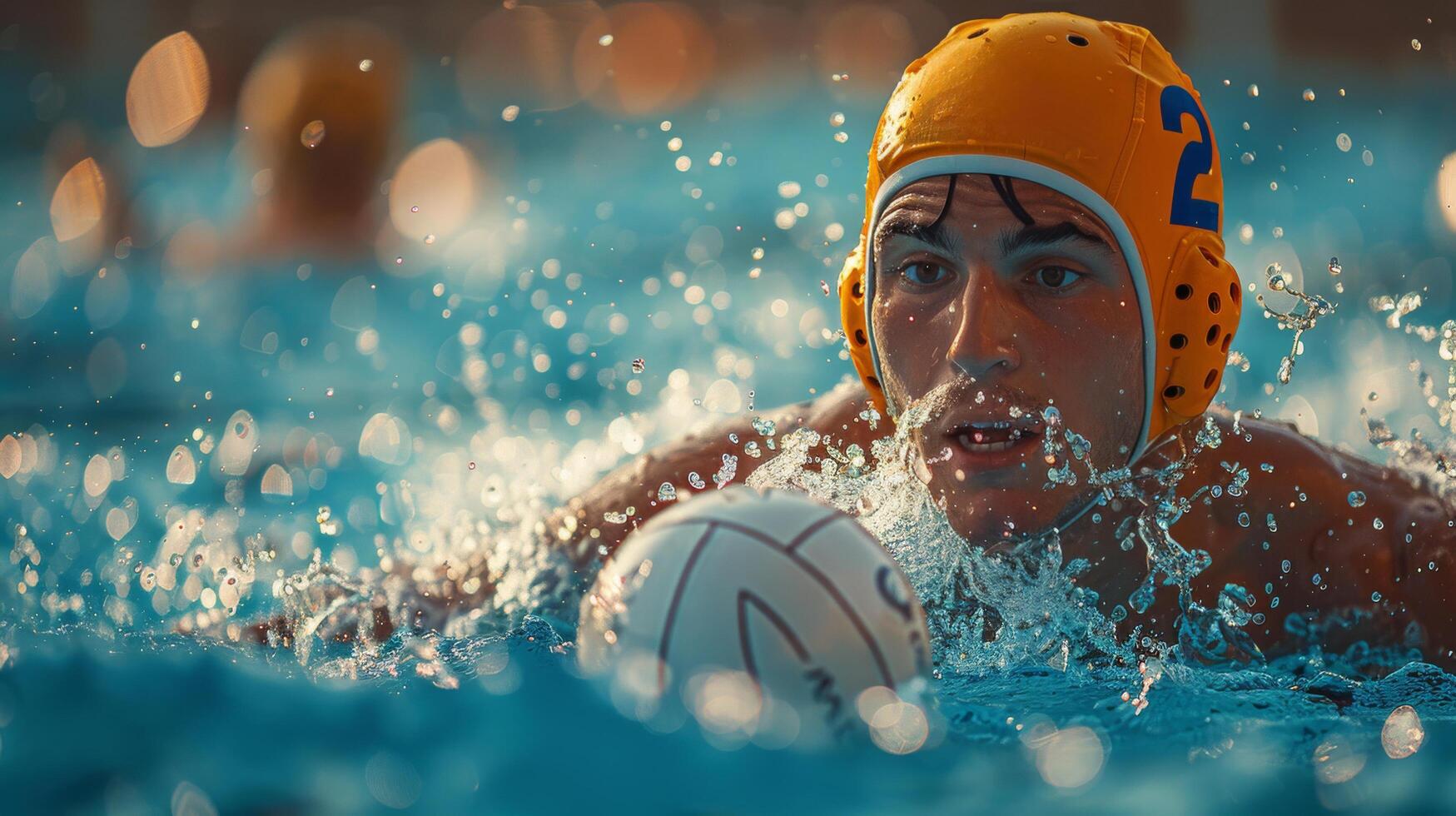 ai generiert Wasser Polo Spieler halten Ball im Wasser foto