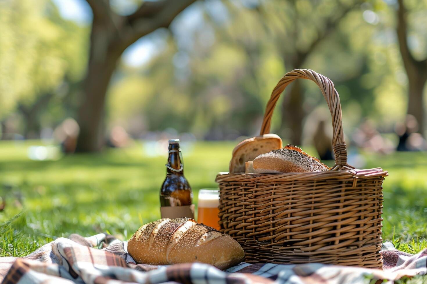 ai generiert Picknick mit Brot und Bier auf ein Decke foto