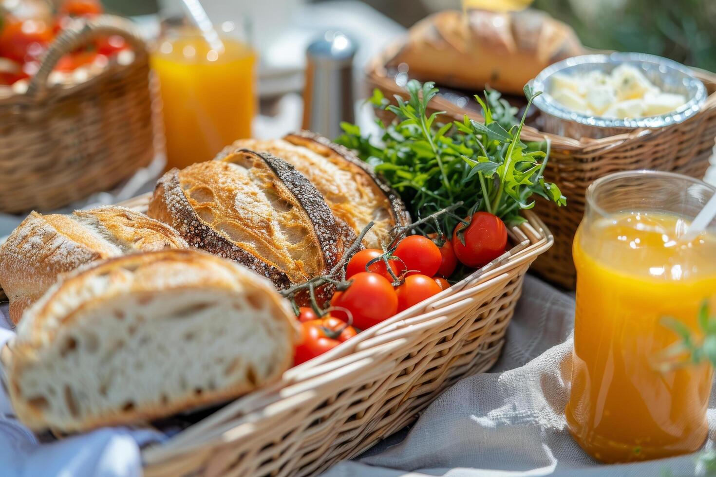 ai generiert Picknick mit Brot und Bier auf ein Decke foto