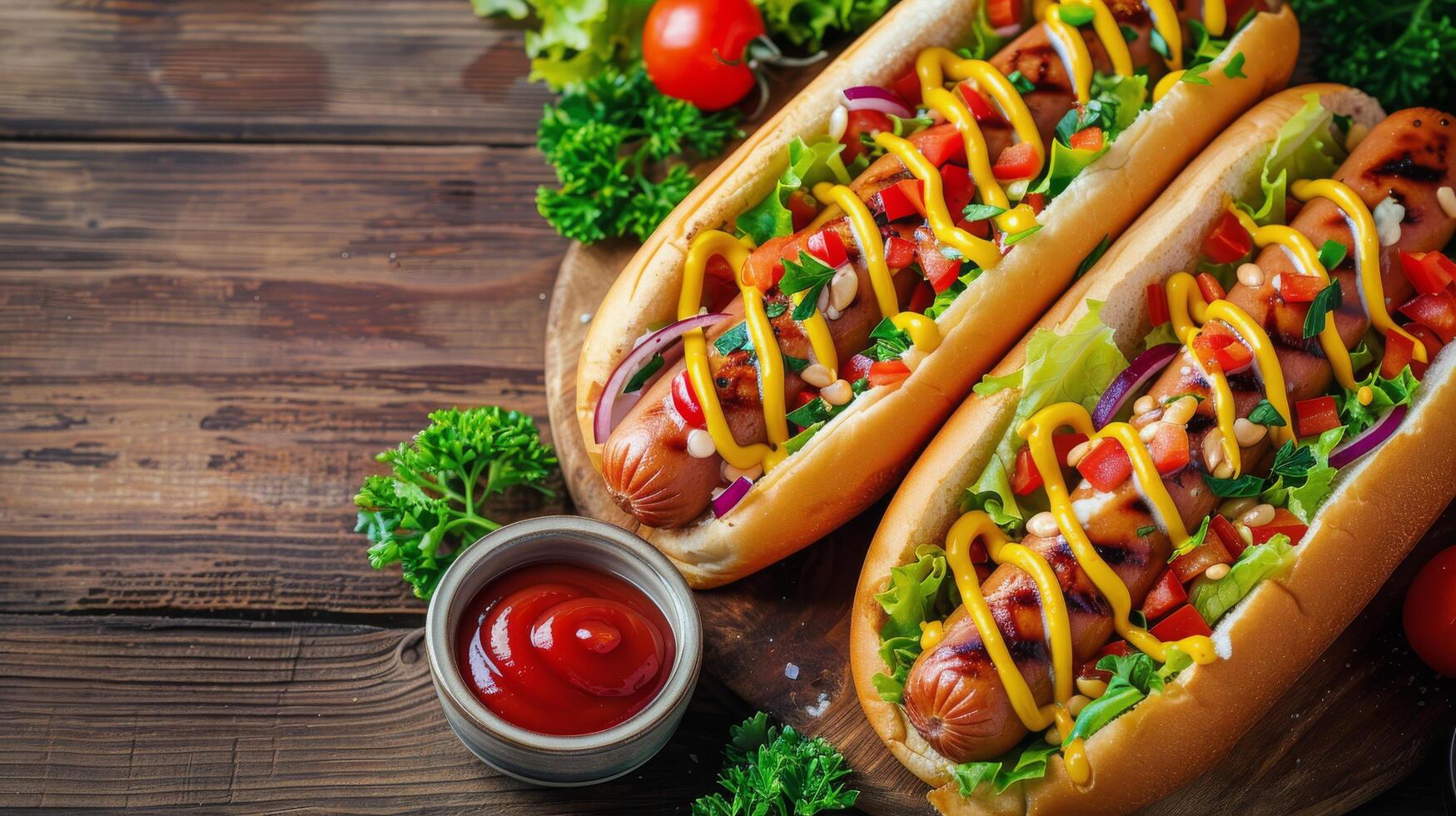 ai generiert zwei heiß Hunde mit Senf und Ketchup auf Schneiden Tafel foto